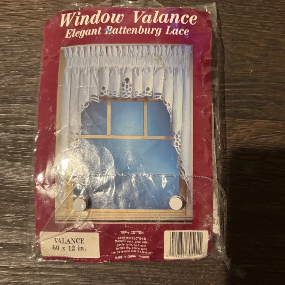 White Battenburg Lace Window Valance 100% Cotton 60x12 Vintage Style Rod Pocket